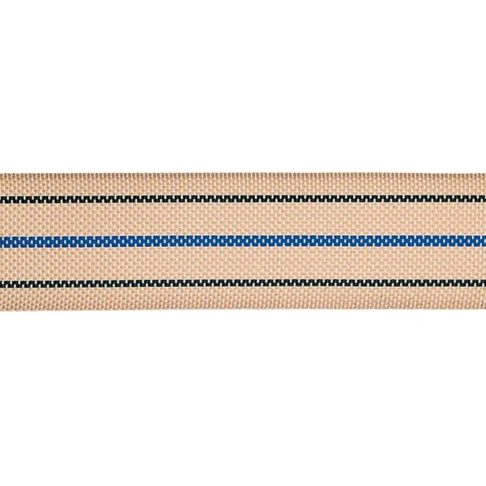 Stabilit Gurtband Meterware - Belastbarkeit: 380 kg, Breite: 60 mm, Polypropylen, Hanffarben - Detailaufnahme eines Gurtes mit beigen, schwarzen und blauen Streifen. Das Band ist robust und strukturiert.