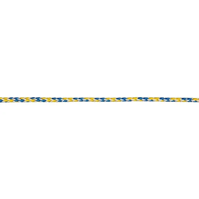 Stabilit Flechtschnur Meterware - Belastbarkeit: 18 kg, Polypropylen, 3 mm, Gelbbunt - Nahaufnahme einer farbenfrohen, geflochtenen Seilleine in Blau, Gelb und Weiß, ideal für vielfältige Anwendungen.