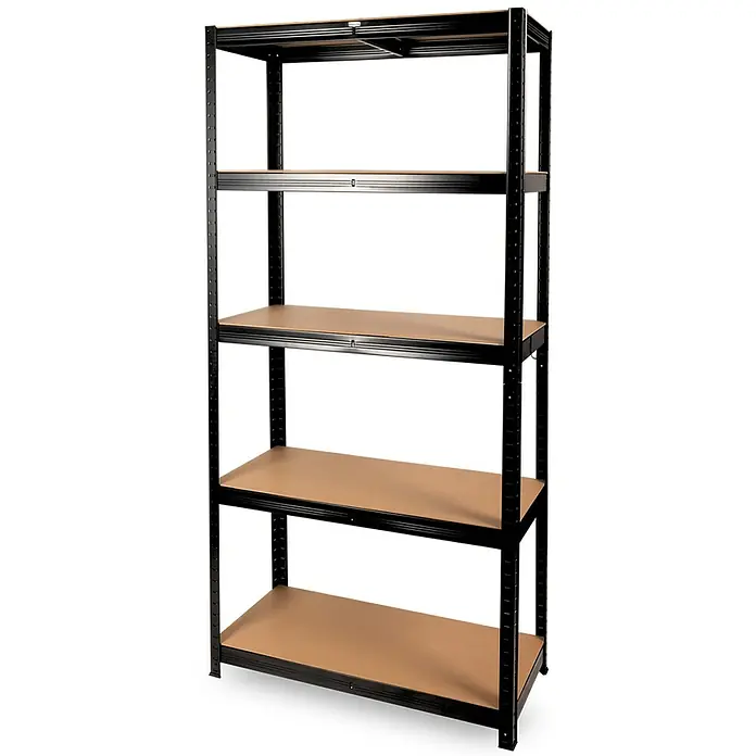 deluxe4home Schwerlastregal - Anzahl Böden: 5 Stk., Schwarz - Abbildung eines schwarzen Metallregals mit fünf Regalböden. Ideal für Lagerung und Organisation im Keller oder in der Garage.