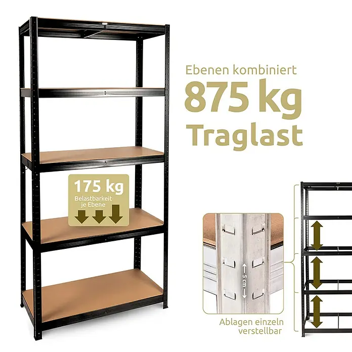 deluxe4home Schwerlastregal - Anzahl Böden: 5 Stk., Schwarz - Abbildung eines schwarzen Metallregals mit fünf Regalböden. Die maximale Traglast beträgt 875 kg, pro Ebene 175 kg.