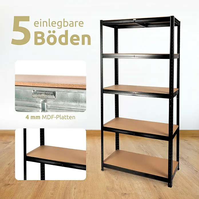 deluxe4home Schwerlastregal - Anzahl Böden: 5 Stk., Schwarz - Abbildung eines schwarzen Regals mit fünf Einlegeböden aus MDF-Platten, ideal für zusätzliche Lagerung.