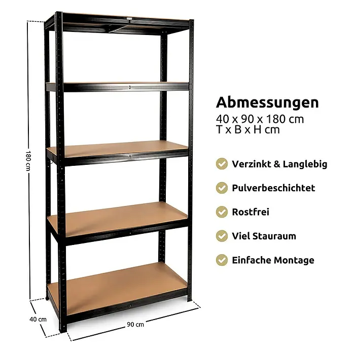 deluxe4home Schwerlastregal - Anzahl Böden: 5 Stk., Schwarz - Abbildung eines schwarzen Metallregals mit fünf Regalböden und den Maßen 40 x 90 x 180 cm.