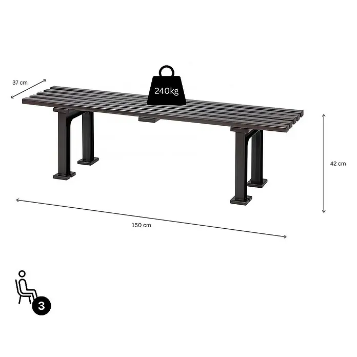 Proregal Gartenbank Kuba 3-Sitzer aus Kunststoff - Braun - Abbildung einer Parkbank mit den Maßen 150x37x42cm, die eine Belastung von 240kg aushält und Platz für drei Personen bietet.
