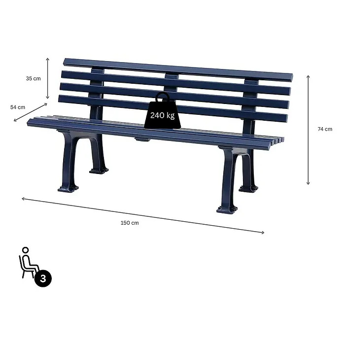 Proregal Gartenbank Antigua 3-Sitzer aus Kunststoff - Blau - Abbildung einer blauen Parkbank mit Abmessungen und Belastbarkeit. Geeignet für drei Personen mit einer Länge von 150 cm und einer Belastbarkeit von 240 kg.
