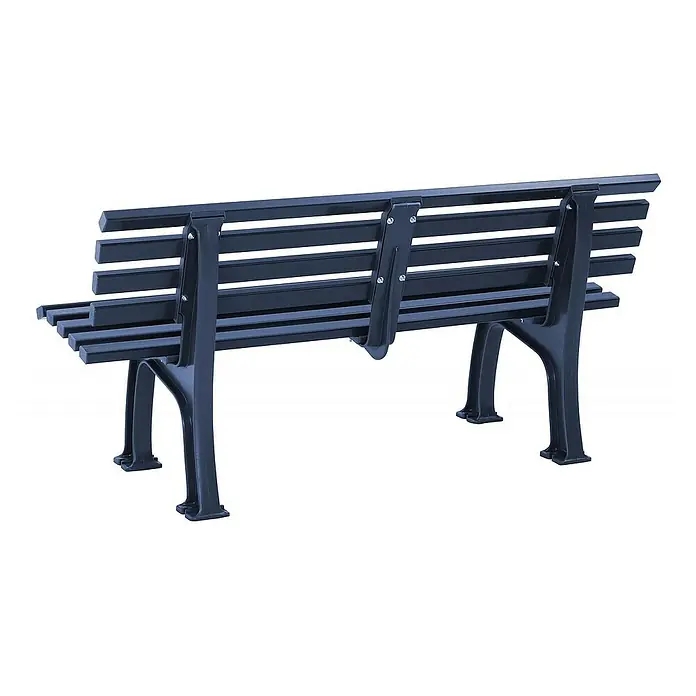 Proregal Gartenbank Antigua 3-Sitzer aus Kunststoff - Blau - Rückansicht einer schwarzen Parkbank mit Lattenrost, die eine robuste und einladende Sitzgelegenheit im Freien bietet.