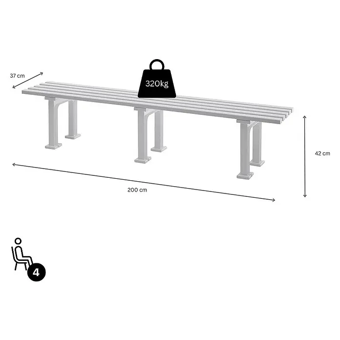 Proregal Gartenbank Kuba 4-Sitzer aus Kunststoff - Weiß - Produktabbildung einer langen, grauen Bank mit den Maßen 200 x 37 x 42 cm und einer Belastbarkeit von 320 kg.
