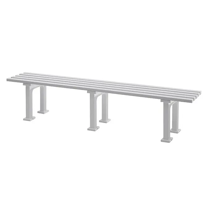 Proregal Gartenbank Kuba 4-Sitzer aus Kunststoff - Weiß - Die Aufnahme zeigt eine lange, weiße Bank mit Lattenrost und robusten Beinen. Ideal für Wartebereiche oder Umkleideräume, robust und stilvoll.