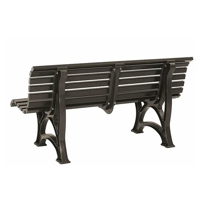 Proregal Gartenbank Jamaika 3-Sitzer aus Kunststoff - Braun - Ansicht von hinten einer braunen Parkbank mit Lattenrost und geschwungenen Beinen aus Metall.