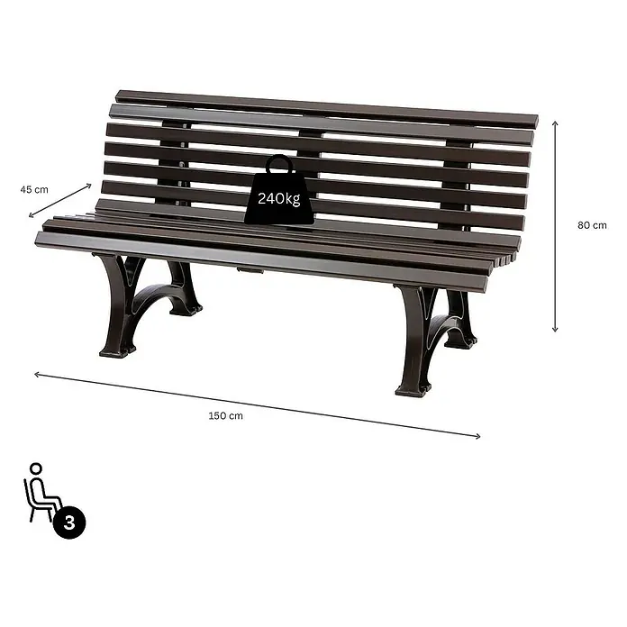 Proregal Gartenbank Jamaika 3-Sitzer aus Kunststoff - Braun - Abbildung einer Parkbank aus Holz mit Metallbeinen, die 240 kg tragen kann und Platz für drei Personen bietet.