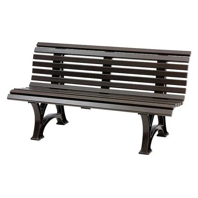 Proregal Gartenbank Jamaika 3-Sitzer aus Kunststoff - Braun - Eine braune Parkbank mit Lattenrost und geschwungenen Beinen, die zum Verweilen einlädt. Ideal für Garten und Park.