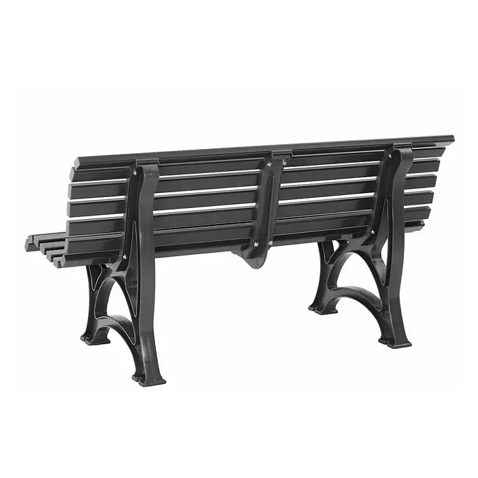 Proregal Gartenbank Jamaika 3-Sitzer aus Kunststoff - Graphitgrau - Eine schwarze Parkbank mit Lattenmuster und kunstvollen Beinen. Sie steht frei und ist bereit zum Entspannen.