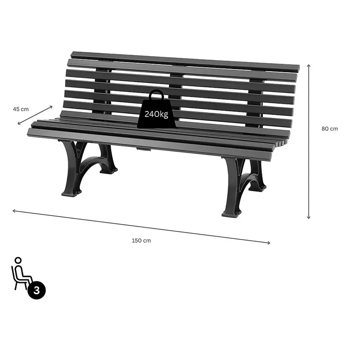 Proregal Gartenbank Jamaika 3-Sitzer aus Kunststoff - Graphitgrau - Schwarze Parkbank mit Lattenrost, die bis zu 240 kg tragen kann und Platz für 3 Personen bietet. Die Bank ist 150 cm breit und 80 cm hoch.