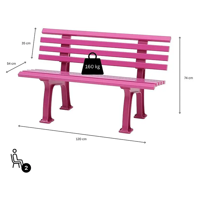 Proregal Gartenbank Antigua 2-Sitzer aus Kunststoff - Flieder - Bild einer rosa Bank mit Abmessungen und Gewichtsbegrenzung. Diese stilvolle Bank bietet Platz für bis zu 2 Personen.