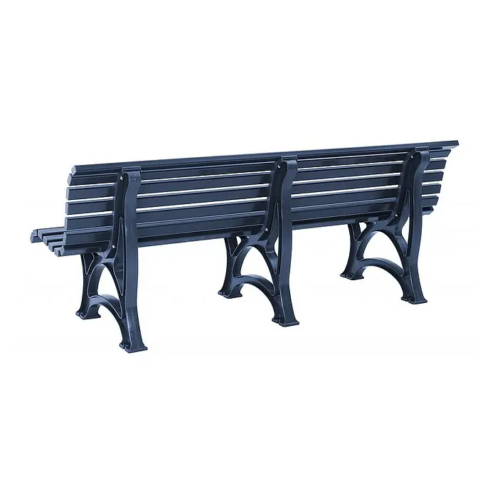 Proregal Gartenbank Jamaika 4-Sitzer aus Kunststoff - Blau - Eine dunkle Parkbank aus Metall mit Lattenrost und dekorativen Füßen vor einem neutralen Hintergrund. Ideal für Gärten und Parks.