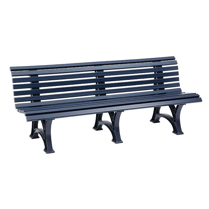 Proregal Gartenbank Jamaika 4-Sitzer aus Kunststoff - Blau - Eine blaue Parkbank mit Lattenrost und geschwungenen Beinen, die zum Verweilen einlädt. Ideal für Gärten oder öffentliche Plätze.