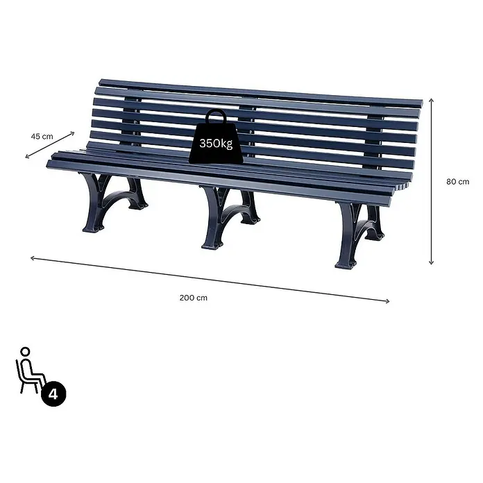 Proregal Gartenbank Jamaika 4-Sitzer aus Kunststoff - Blau - Bild einer blauen Parkbank mit den Maßen 200 x 45 x 80 cm und einer Tragfähigkeit von bis zu 350 kg für 4 Personen.