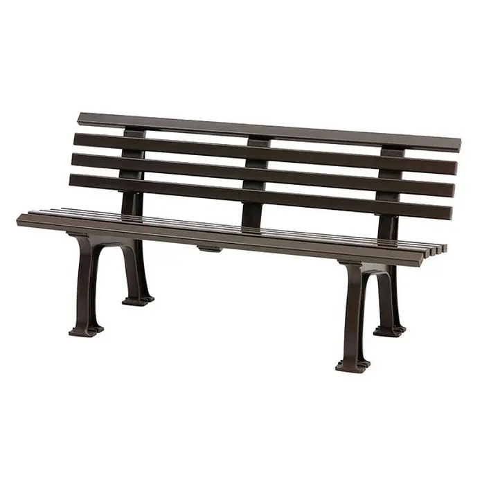 Proregal Gartenbank Antigua 3-Sitzer aus Kunststoff - Braun - Braune Parkbank aus Metall mit Latten für Sitz und Lehne, ideal für Gärten und öffentliche Plätze.