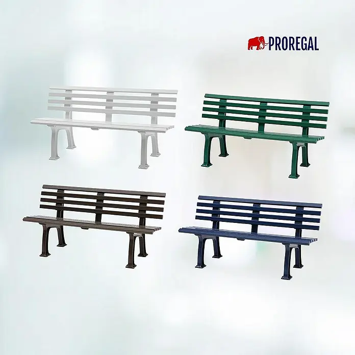 Proregal Gartenbank Antigua 3-Sitzer aus Kunststoff - Braun - Abbildung von vier Parkbänken der Marke Proregal in verschiedenen Farben, die sich ideal für den Aussenbereich eignen.