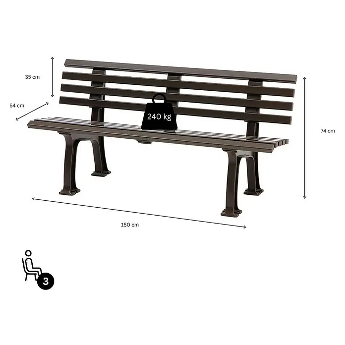 Proregal Gartenbank Antigua 3-Sitzer aus Kunststoff - Braun - Bild einer Parkbank mit den Maßen 150 cm Länge, 74 cm Höhe und 54 cm Tiefe. Die Rückenlehne ist 35 cm hoch und die Bank hält 240 kg aus.