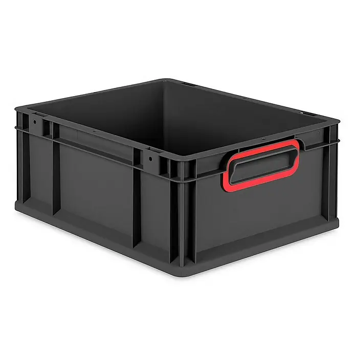 Proregal Eurobox Eurobox NextGen Color - L x B x H: 40 x 30 x 17 cm, Kunststoff, Schwarz, Rot - Abgebildete ist eine graue Kunststoffbox mit roten Griffen. Ideal für Lagerung und Organisation.