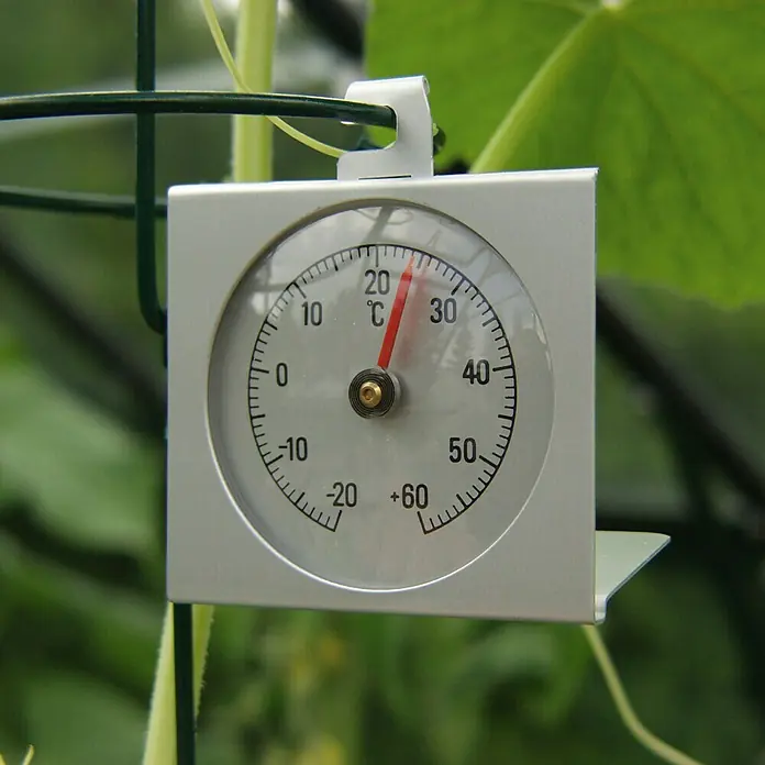 Vitavia Thermometer - Analog, L x B x H: 4 x 8 x 8 cm, Weiß - Ein quadratisches Thermometer mit rotem Zeiger zeigt eine Temperatur von etwa 24 Grad Celsius im Freien an.