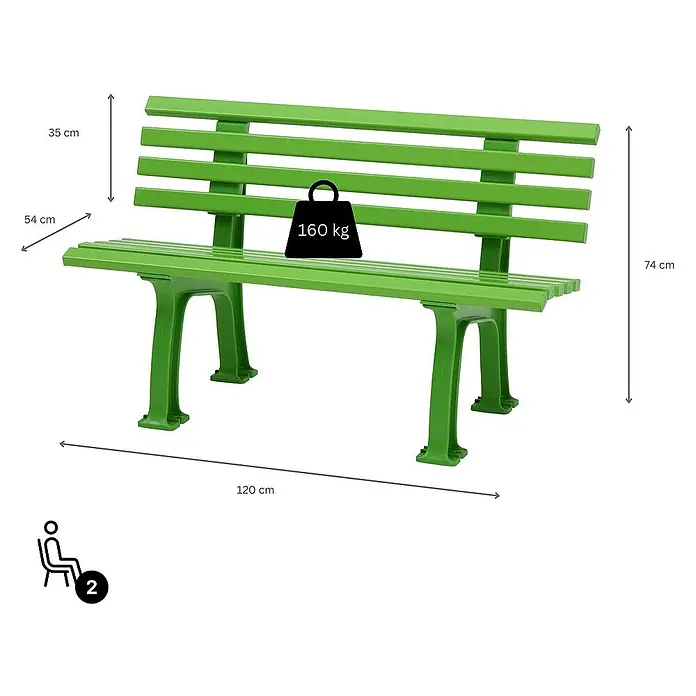 Proregal Gartenbank Antigua 2-Sitzer aus Kunststoff - Apfelgrün - Grüne Parkbank mit den Maßen 120 cm Länge, 54 cm Tiefe und 74 cm Höhe. Belastbarkeit 160 kg.