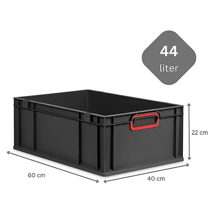 Proregal Eurobox Eurobox NextGen Color - L x B x H: 60 x 40 x 22 cm, Kunststoff, Schwarz, Rot - Schwarze 44-Liter-Kunststoffbox mit roten Griffen und den Maßen 60 x 40 x 22 cm zur vielseitigen Aufbewahrung.