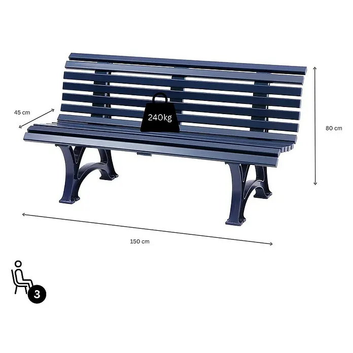 Proregal Gartenbank Jamaika 3-Sitzer aus Kunststoff - Blau - Das Bild zeigt eine blaue Parkbank mit einer Traglast von 240 kg und den Maßen 45 cm Tiefe, 80 cm Höhe und 150 cm Länge.
