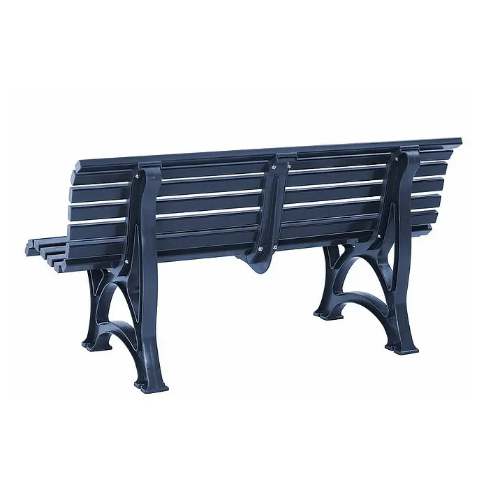 Proregal Gartenbank Jamaika 3-Sitzer aus Kunststoff - Blau - Ansicht der Rückseite einer Parkbank mit Lattenrost und stabilen Beinen. Die Bank ist dunkel und für den Aussenbereich geeignet.
