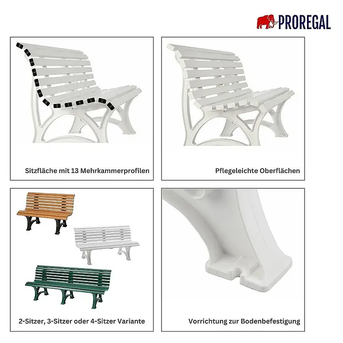 Proregal Gartenbank Jamaika 3-Sitzer aus Kunststoff - Blau - Bild einer Gartenbank mit Sitzfläche mit 13 Mehrkammerprofilen, pflegeleichte Oberflächen, verschiedene Varianten und Vorrichtung zur Bodenbefestigung.