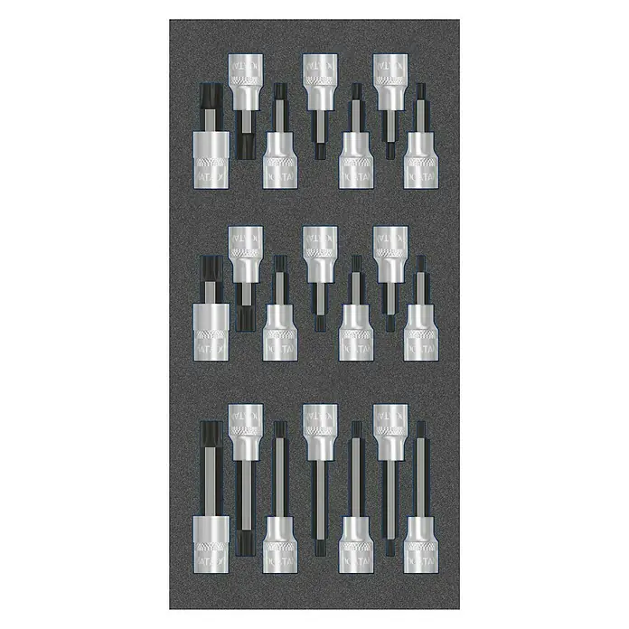 Matador Tool System Steckschlüsseleinsatz-Set - ½″, 21 -tlg. - Ein grauer Werkzeugkasten mit einer Vielzahl von silbernen Inbusschlüsseln unterschiedlicher Größe, die ordentlich angeordnet sind.