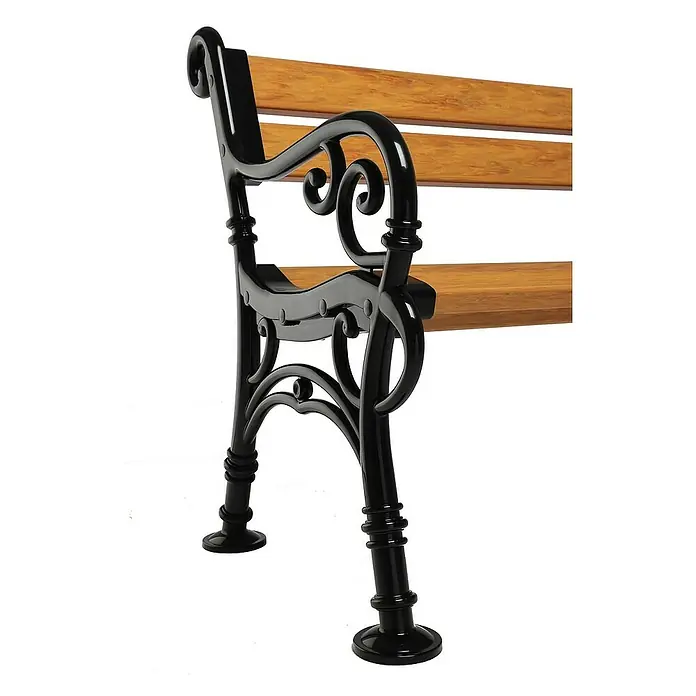 Proregal Gartenbank Curacao 2-Sitzer aus Kunststoff - Holzoptik - Detailaufnahme einer Parkbank mit Holzsitzen und verzierten, schwarzen Metallbeinen, die Stabilität und Eleganz vereinen.