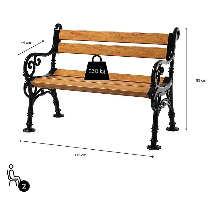 Proregal Gartenbank Curacao 2-Sitzer aus Kunststoff - Holzoptik - Eine Parkbank aus Holz und Metall mit Maßen und Belastungsgrenze. Geeignet für zwei Personen und bis zu 250 kg belastbar.