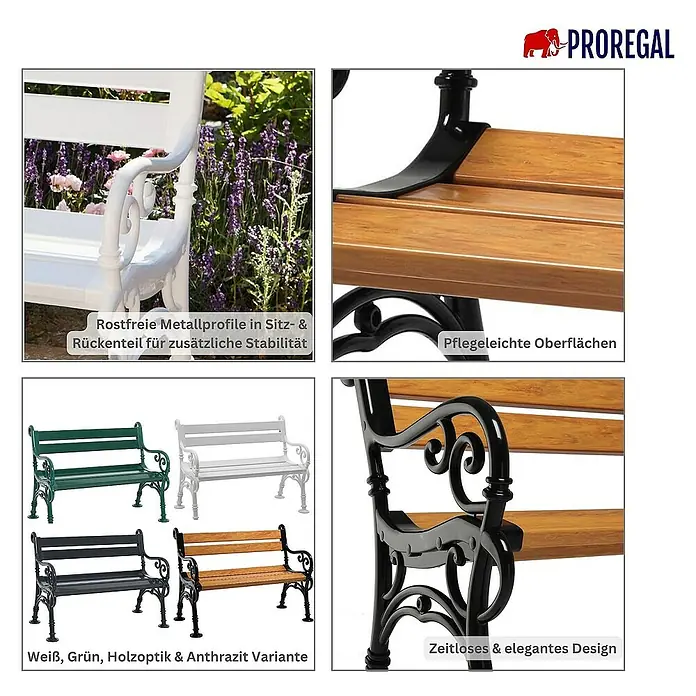 Proregal Gartenbank Curacao 2-Sitzer aus Kunststoff - Holzoptik - Gartenbankdetails: Rostfreie Metallprofile, pflegeleichte Oberflächen und zeitloses Design in Weiß, Grün, Holzoptik und Anthrazit.
