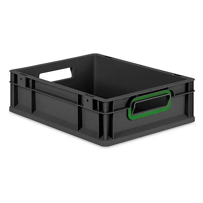 Proregal Eurobox Eurobox NextGen Color - L x B x H: 40 x 30 x 12 cm, Kunststoff, Schwarz, Grün - Graue Kunststoffbox mit grünen Griffen für Lagerung und Transport, ideal für Ordnung und Organisation.