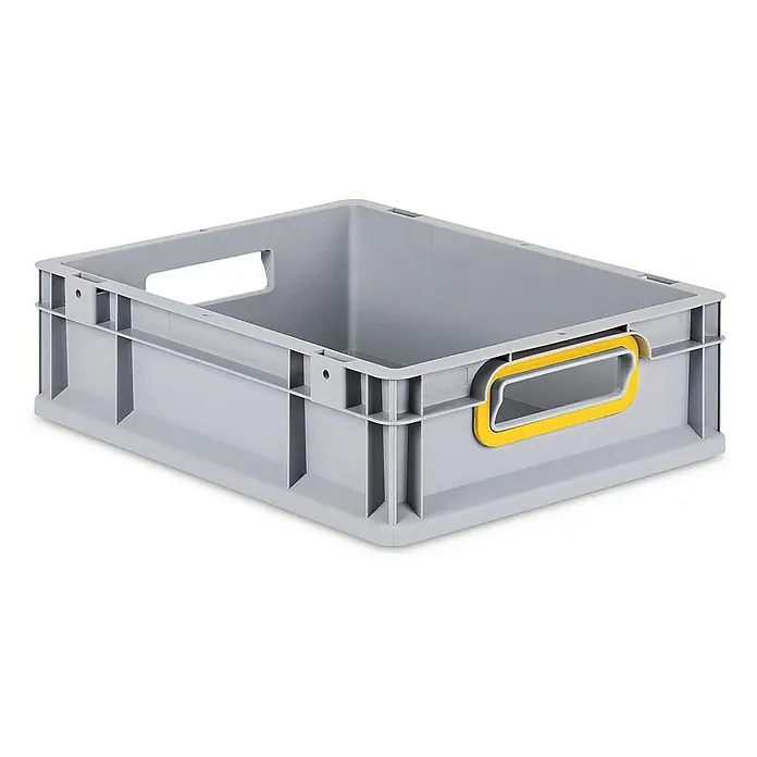 Proregal Eurobox Eurobox NextGen Color - L x B x H: 40 x 30 x 12 cm, Kunststoff, Grau, Gelb - Abbildung einer grauen Kunststoffbox mit gelbem Griff. Sie ist für den Transport und die Lagerung von Gegenständen konzipiert und stapelbar.