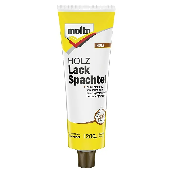 Molto Holz-Lackspachtel - 200 g - Tube Molto Holz Lack Spachtel, geeignet zum Glätten von Holzoberflächen, innen und außen, mit 200g Inhalt und in Weiß.