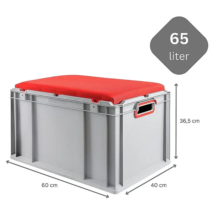 Proregal Eurobox Eurobox NextGen Seat Box Rot - L x B x H: 60 x 40 x 36,5 cm, Kunststoff, Grau, Rot - Auf dem Bild ist eine graue Kunststoffbox mit rotem Deckel zu sehen. Die Box hat ein Volumen von 65 Litern und die Maße 60x40x36,5 cm.
