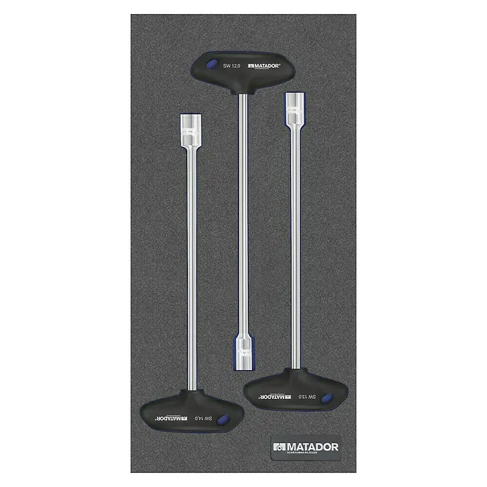 Matador Tool System T-Griff-Steckschlüssel-Satz - 3 -tlg., 12-13-14mm - Abbildung von drei Matador T-Griff Steckschlüsseln in verschiedenen Größen, 12.0, 13.0 und 14.0, präsentiert in einer grauen Werkzeugkasten-Einlage.
