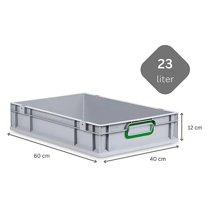 Proregal Eurobox Eurobox NextGen Color - L x B x H: 60 x 40 x 12 cm, Kunststoff, Grau, Grün - Graue 23-Liter-Kunststoffbox mit den Maßen 60 cm x 40 cm x 12 cm, ideal für Lagerung und Transport verschiedener Gegenstände.