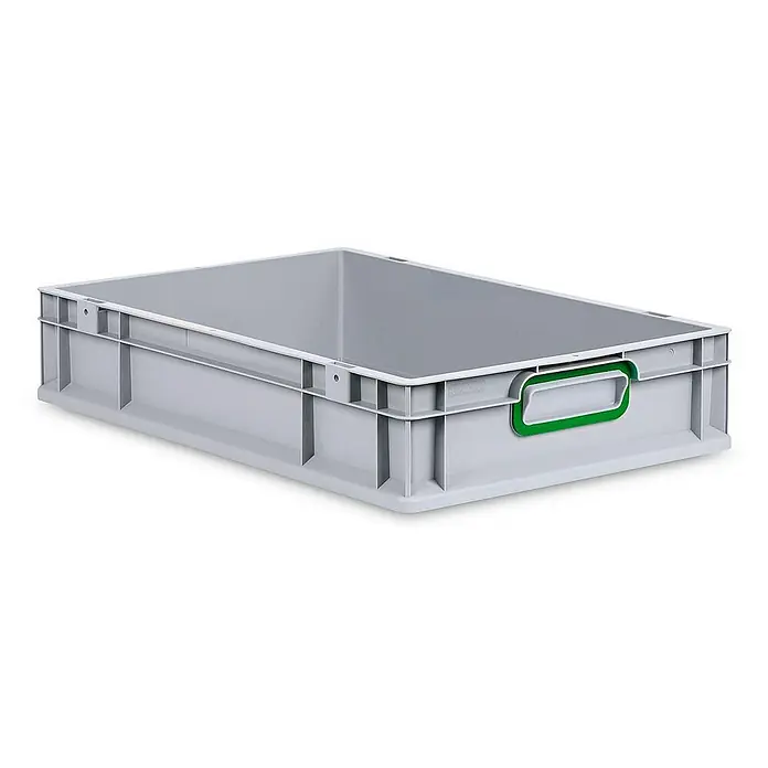 Proregal Eurobox Eurobox NextGen Color - L x B x H: 60 x 40 x 12 cm, Kunststoff, Grau, Grün - Eine graue Kunststoffbox mit einem grünen Griff, ideal für Lagerung und Transport. Robust und stapelbar, bietet sie eine praktische Lösung.