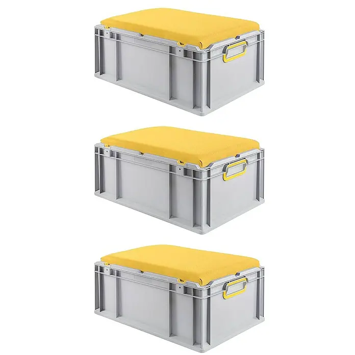 Proregal Eurobox Eurobox NextGen Seat Box Gelb - L x B x H: 60 x 40 x 26,5 cm, Kunststoff, Grau, Gelb - Drei graue Aufbewahrungsboxen mit gelben Kissen aufgereiht, ideal für die Organisation und bequemes Sitzen.