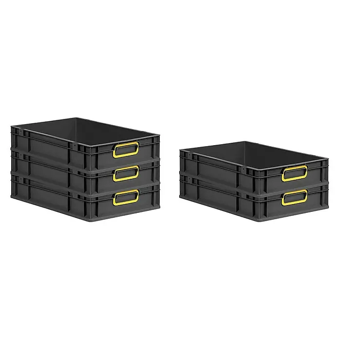 Proregal Eurobox Eurobox NextGen Color - L x B x H: 60 x 40 x 12 cm, Kunststoff, Schwarz, Gelb - Zwei Stapel schwarzer Kunststoffboxen mit gelben Griffen, ideal für Lagerung und Organisation.