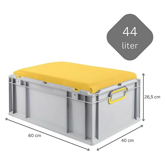 Proregal Eurobox Eurobox NextGen Seat Box Gelb - L x B x H: 60 x 40 x 26,5 cm, Kunststoff, Grau, Gelb - Graue Aufbewahrungsbox mit gelbem Kissen und den Maßen 60 x 40 x 26,5 cm, Volumen 44 Liter.
