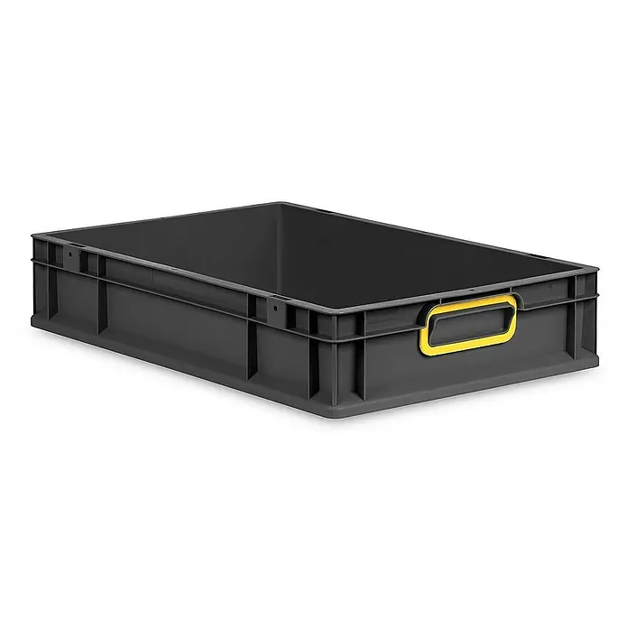 Proregal Eurobox Eurobox NextGen Color - L x B x H: 60 x 40 x 12 cm, Kunststoff, Schwarz, Gelb - Abgebildete ist eine graue Eurobox aus Kunststoff mit gelben Griffen, ideal für Lagerung und Transport. Die Eurobox ist robust und stapelbar.