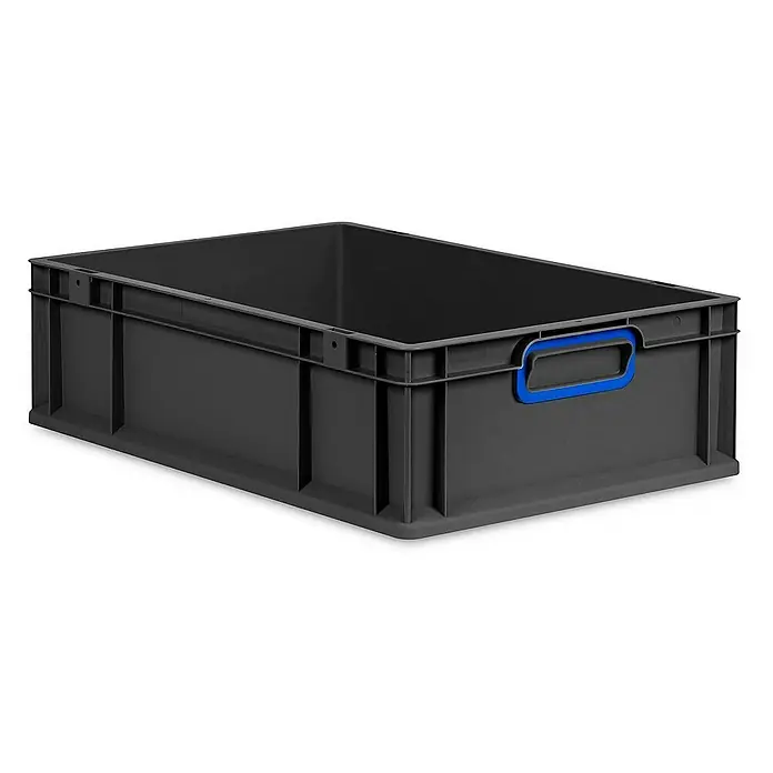 Proregal Eurobox Eurobox NextGen Color - L x B x H: 60 x 40 x 17 cm, Kunststoff, Schwarz, Blau - Diese Aufnahme zeigt eine graue Kunststoffbox mit blauen Griffen, die sich ideal für die Lagerung und den Transport von Gütern eignet.