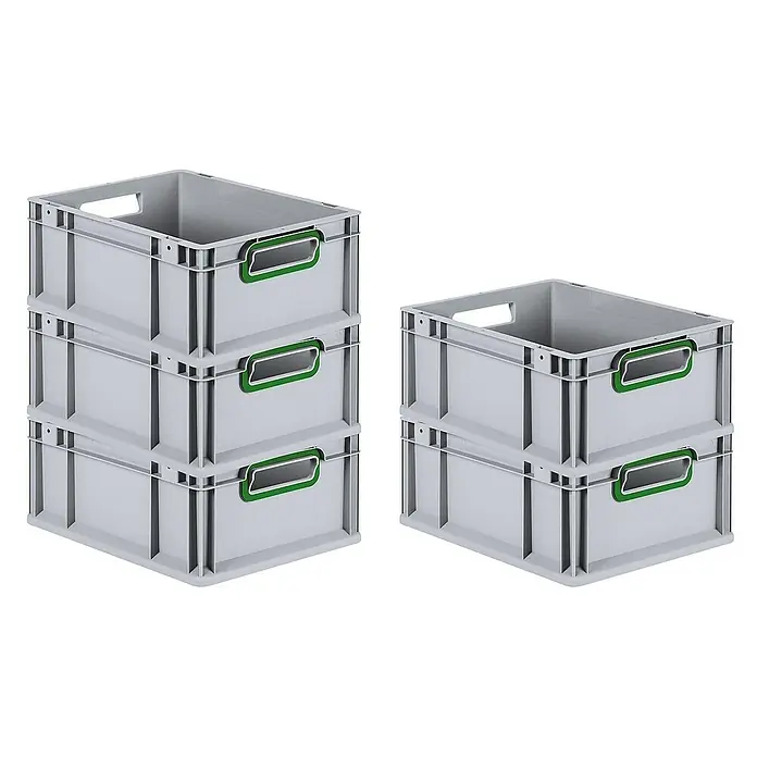Proregal Eurobox Eurobox NextGen Color - L x B x H: 40 x 30 x 17 cm, Kunststoff, Grau, Grün - Graue Kunststoffboxen mit grünen Griffen, gestapelt. Robuste und praktische Aufbewahrungslösung für verschiedene Anwendungen.