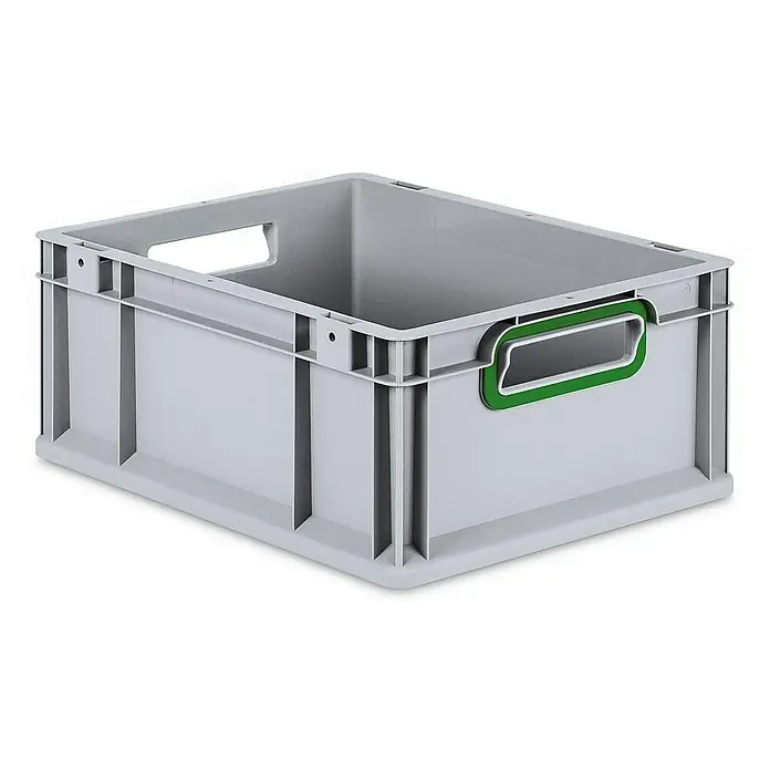 Proregal Eurobox Eurobox NextGen Color - L x B x H: 40 x 30 x 17 cm, Kunststoff, Grau, Grün - Graue Kunststoffbox mit verstärkten Seiten und grünen Griffen, ideal für Lagerung und Transport.