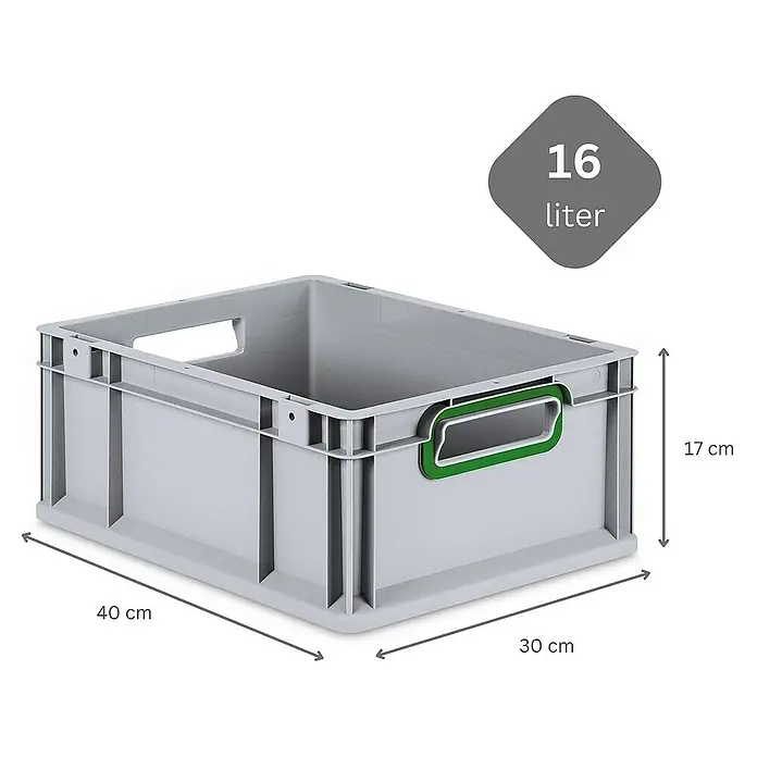 Proregal Eurobox Eurobox NextGen Color - L x B x H: 40 x 30 x 17 cm, Kunststoff, Grau, Grün - Abbildung einer grauen 16-Liter-Eurobox mit den Maßen 40x30x17 cm, die vielseitig für Lagerung und Transport geeignet ist.