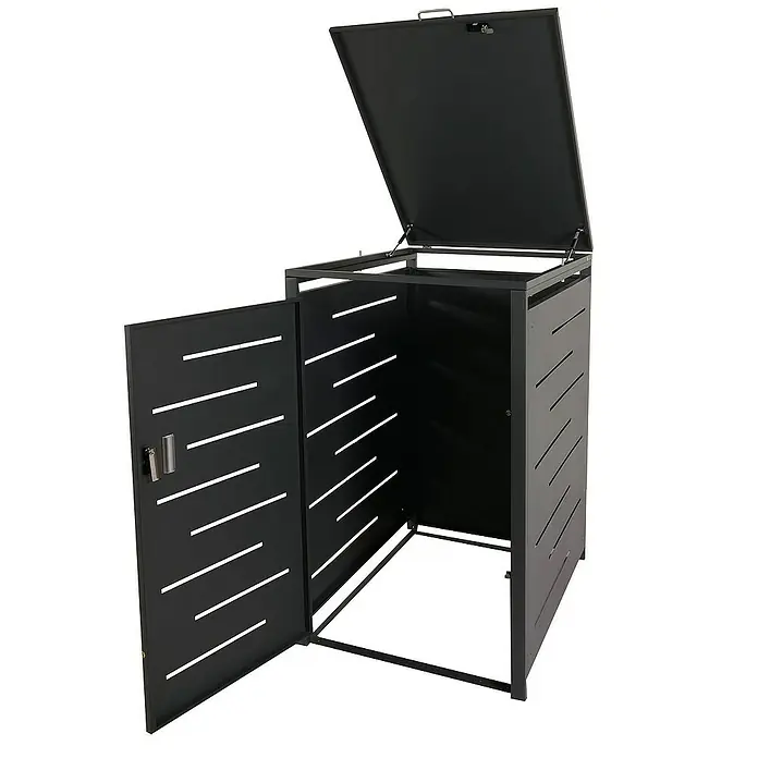 Proregal Mülltonnenbox XL 1er-/2er-Mülltonnenverkleidung - 71 x 98 cm, Metall, Anthrazit, Geeignet für Anzahl Mülltonnen: 2 Stk. - Mülltonnenbox aus Metall mit geöffnetem Deckel und Tür, ideal für die stilvolle Aufbewahrung im Außenbereich.